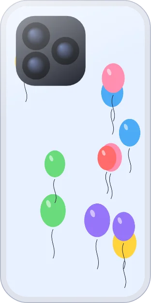 Colourful balloons on strings against pale blue