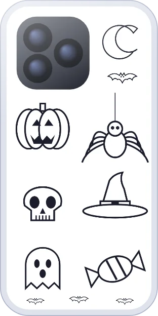 Black and white Halloween coloring page with a pumpkin, spider, skull, witch hat, ghost and candy, shaped like a phone case insert