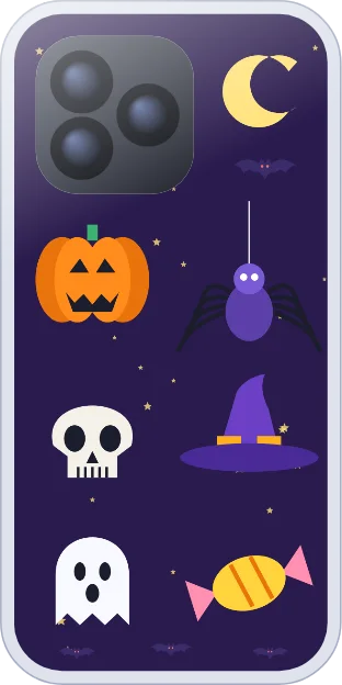 Cartoon pumpkin, spider, skull, witch hat, ghost and candy on a purple night sky with stars