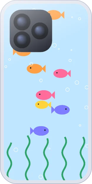 Colourful cartoon fish, seaweed and bubbles