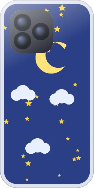 Yellow crescent moon with stars and clouds on navy