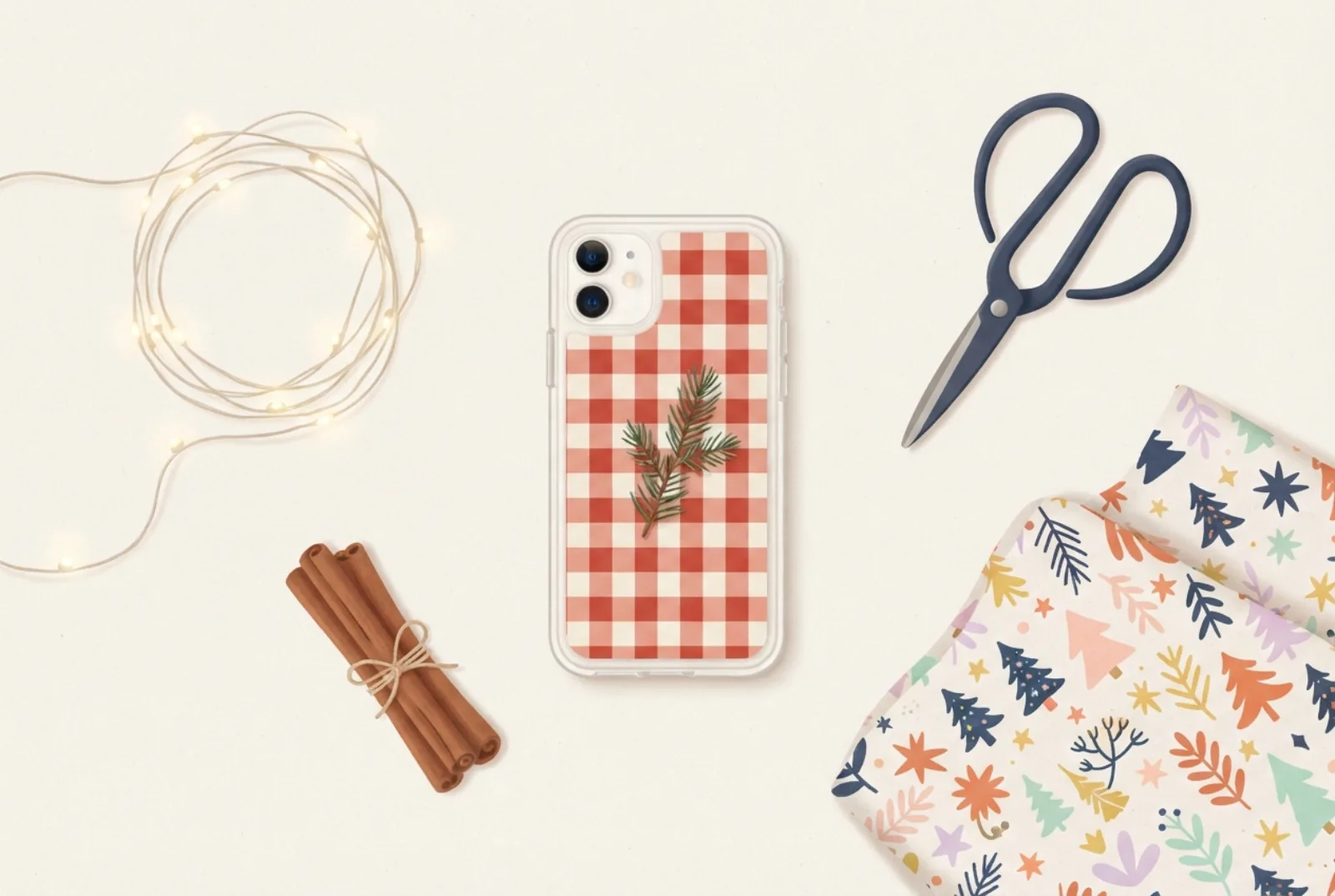 Cosy winter flat lay with a clear phone case holding a red and cream gingham insert, a pine sprig, fairy lights and scissors