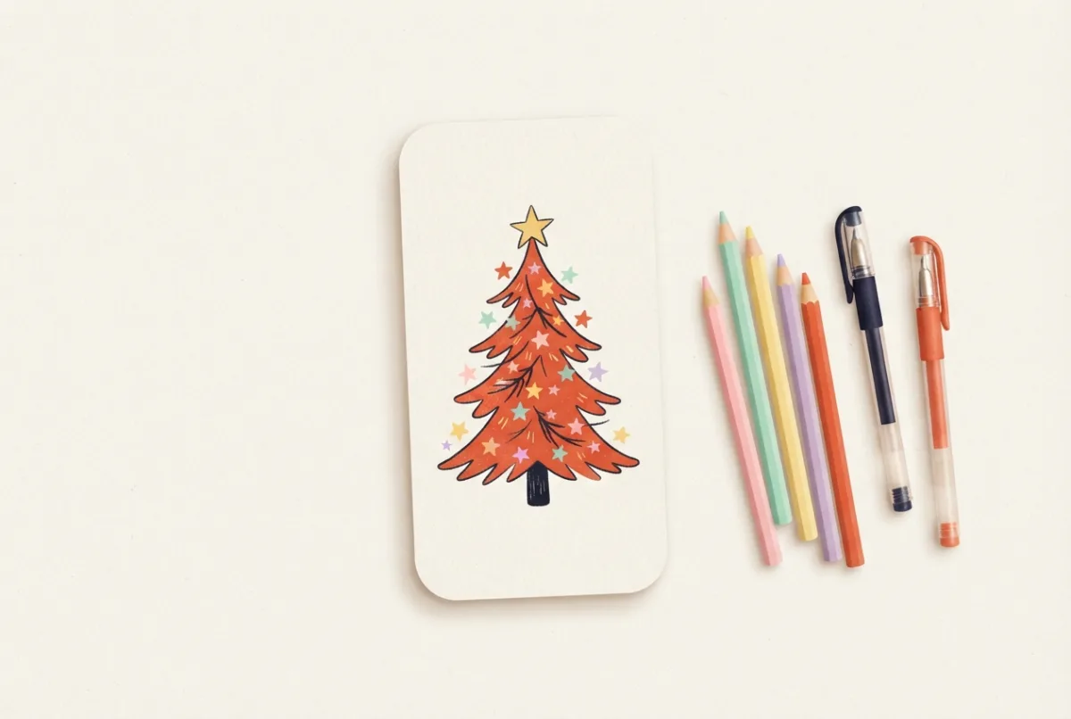 A simple hand-drawn Christmas tree with stars on a phone-shaped paper insert with coloured pencils nearby