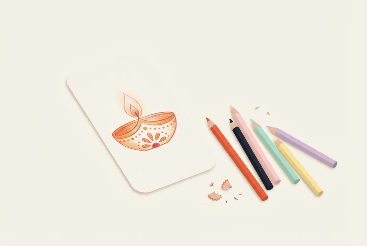 A hand-drawn oil lamp with a dotted pattern on a phone-shaped paper insert, with coloured pencils nearby