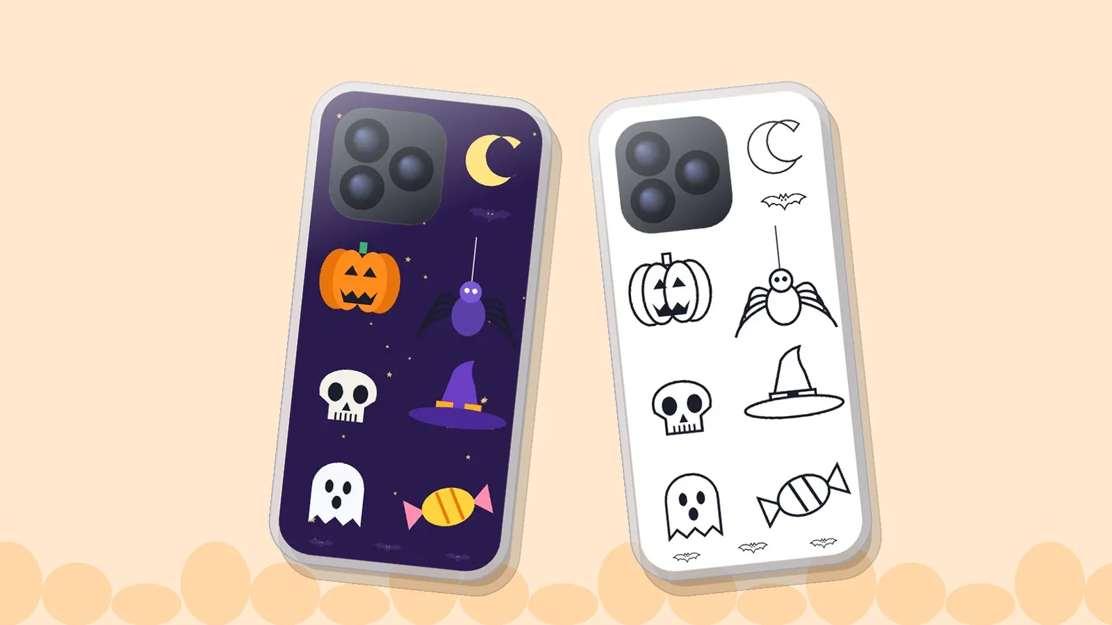 A black-and-white Halloween coloring insert and a purple Halloween night insert, each shown inside a clear phone case