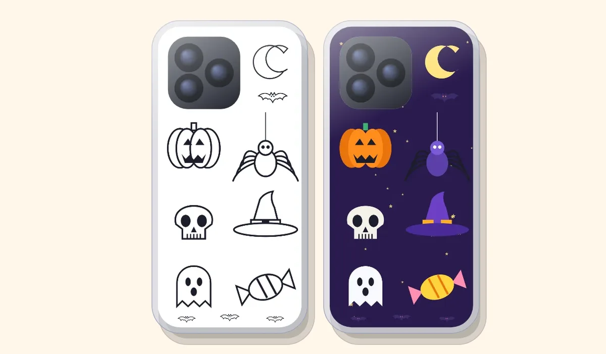 Two phone-shaped Halloween inserts side by side, one to color and one in full colour