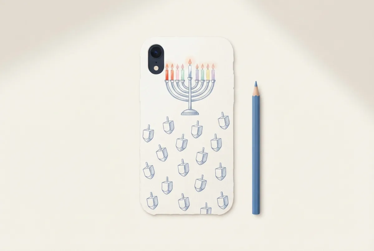 A hand-drawn menorah and dreidel pattern in blue pencil on a phone-shaped paper insert