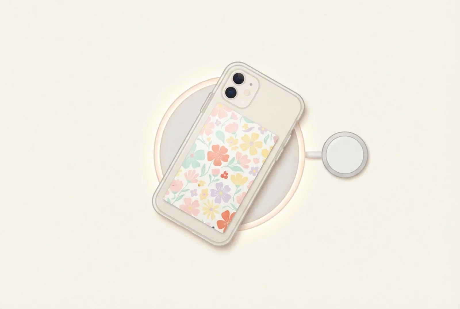 Generic phone in a clear case on a wireless charging pad with a thin printed paper insert visible through the back