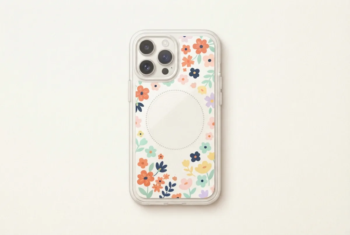 Back of a clear phone case showing a circular ring of small magnets over a floral paper insert, with a camera cutout in the corner