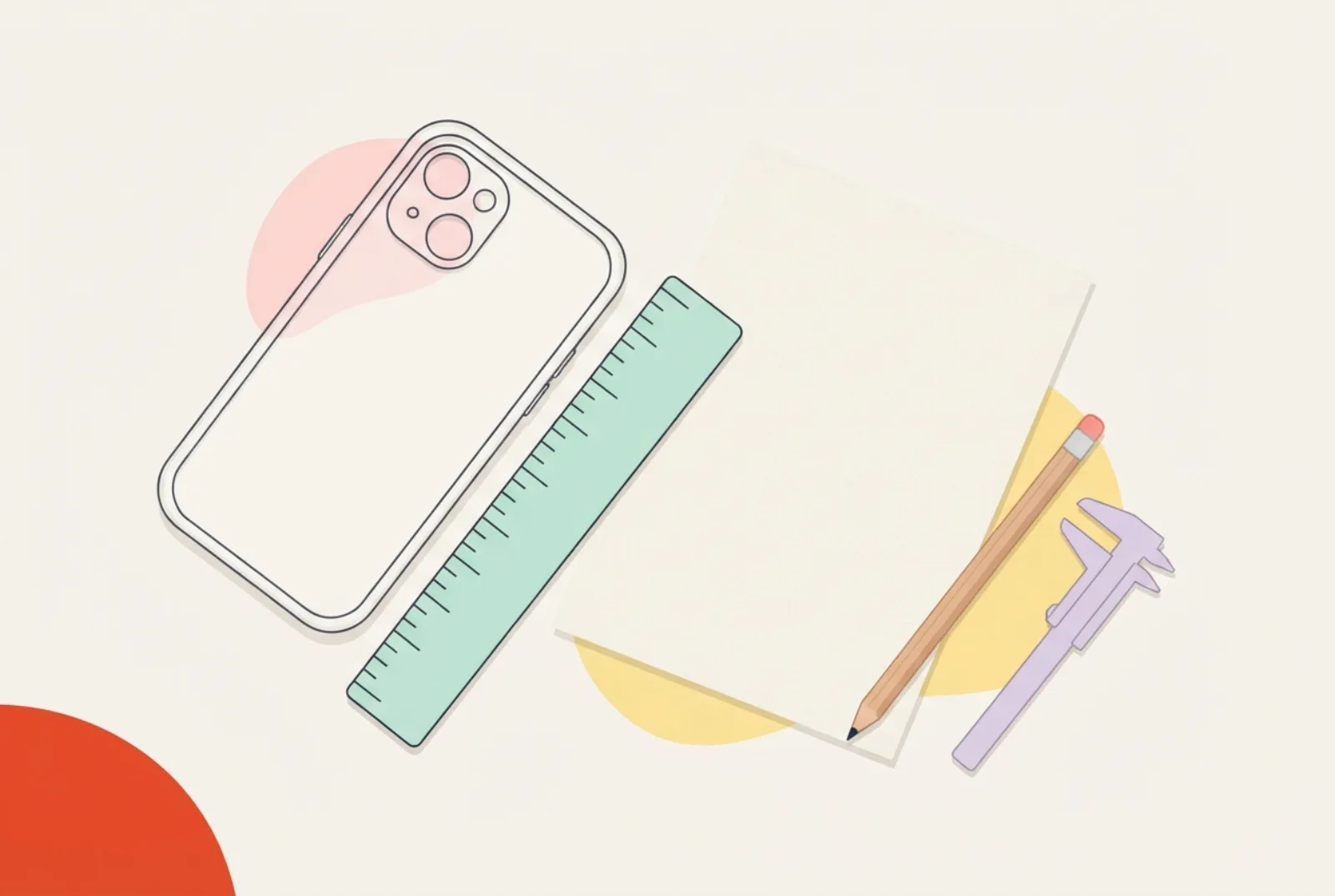 A clear phone case with a metric ruler, a pencil, a sheet of paper and calipers