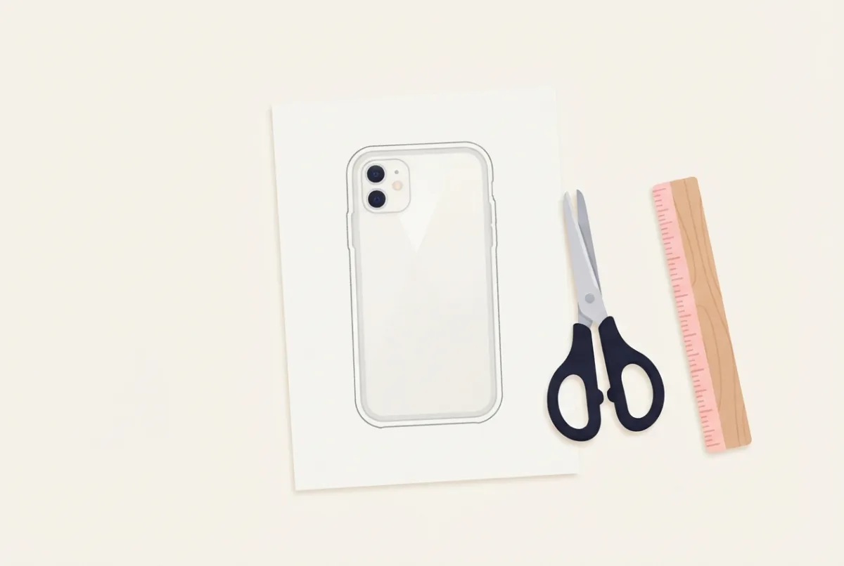 A clear phone case lying on a sheet of white paper with scissors and a wooden ruler beside it