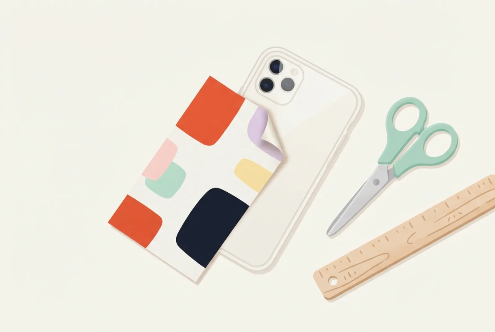 A patterned paper insert lying across a clear phone case, with scissors and a ruler beside it