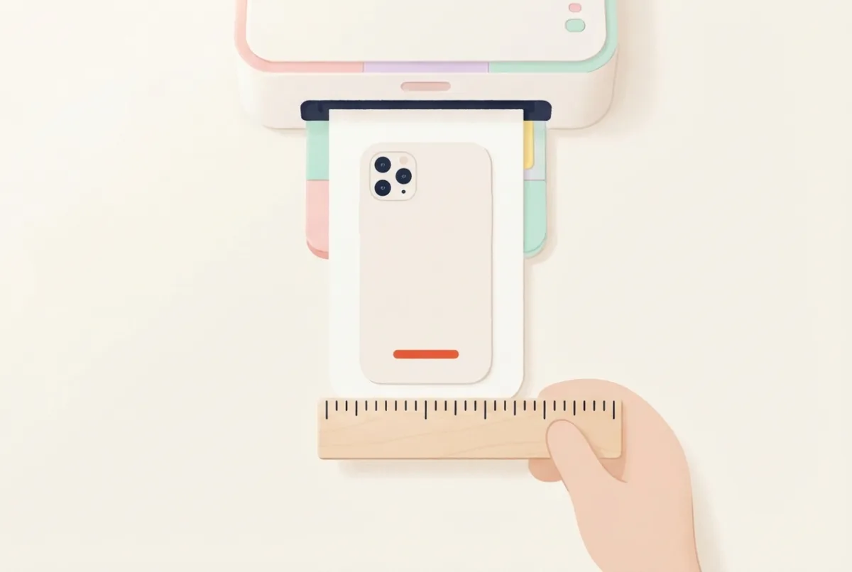 A small printer with a printed sheet in the output tray and a hand holding a ruler against its edge to check the size