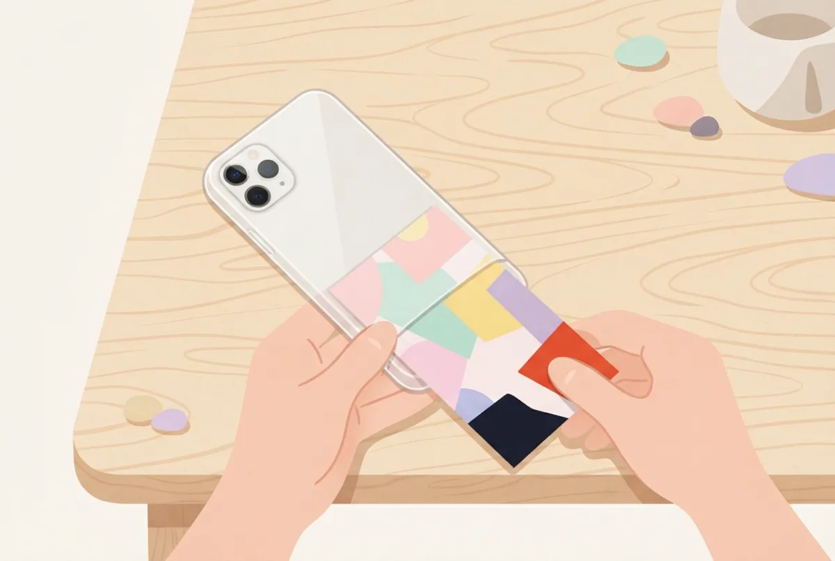 Top-down view of two hands sliding a paper insert into a clear phone case on a wooden table