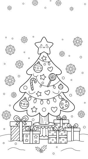 Coloring page of a decorated Christmas tree with gifts and falling snowflakes