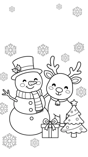 Coloring page of a smiling snowman with a scarf and top hat beside a cute reindeer